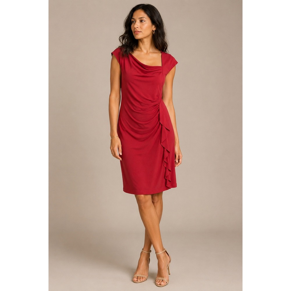 Komarov Dress Womens XS Red Asymmetrical Draped Ruffle Sheath Jersey Sleeveless